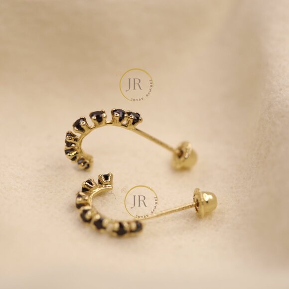 14K Solid Yellow Gold Huggies Hoops ·CZ in Pink, Multicolor, Red, Black and Blue - Picture 11 of 15